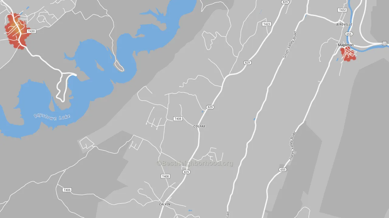 Walk Grade map of Colfax, PA, walkable areas in green and car-dependent areas in red