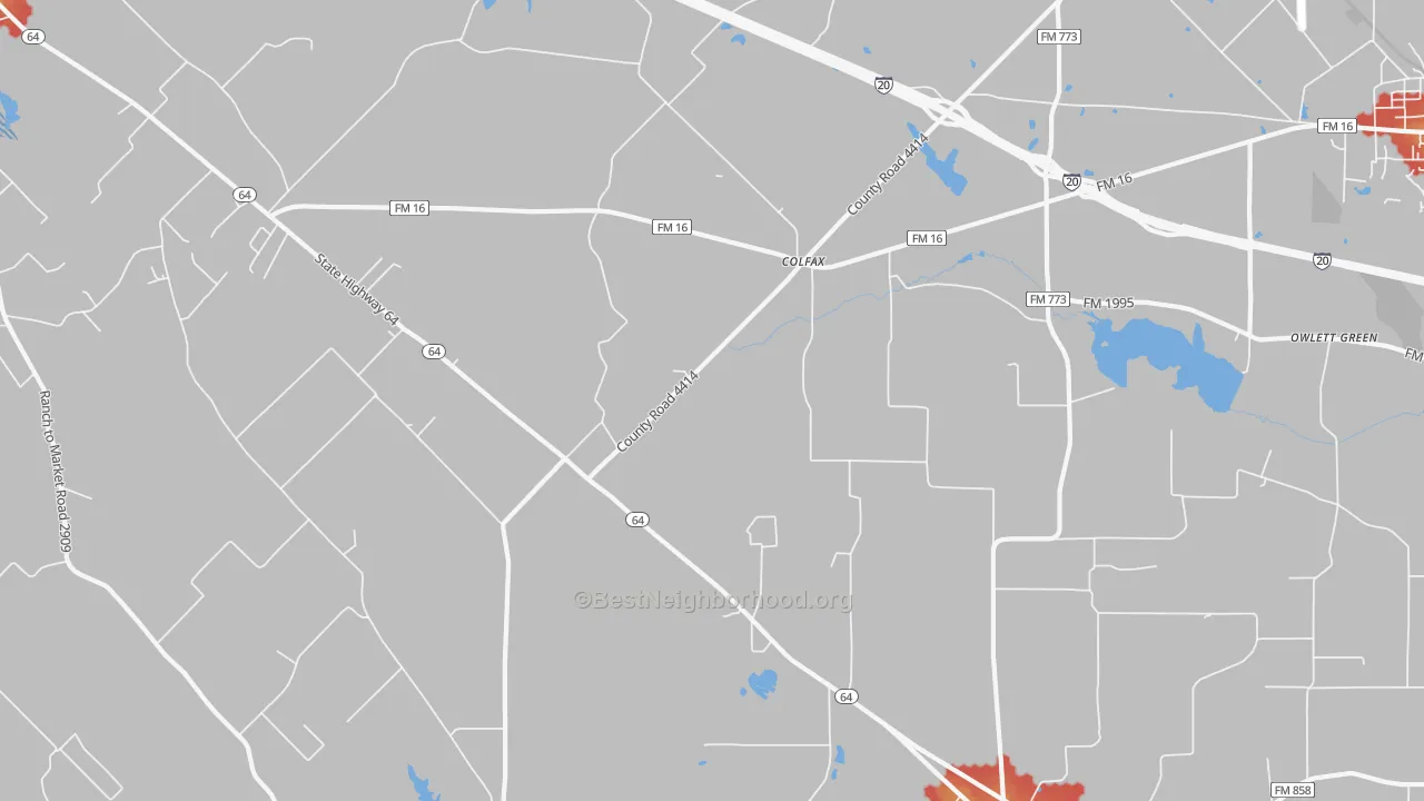 Walk Grade map of Colfax, TX, walkable areas in green and car-dependent areas in red