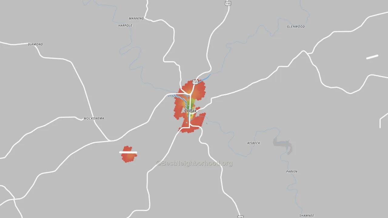 Walk Grade map of Colfax, WA, walkable areas in green and car-dependent areas in red