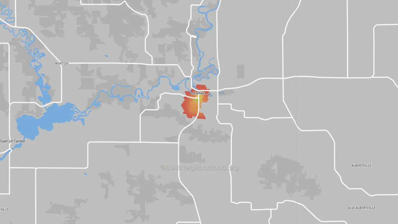 Walk Grade map of Colfax, WI, walkable areas in green and car-dependent areas in red