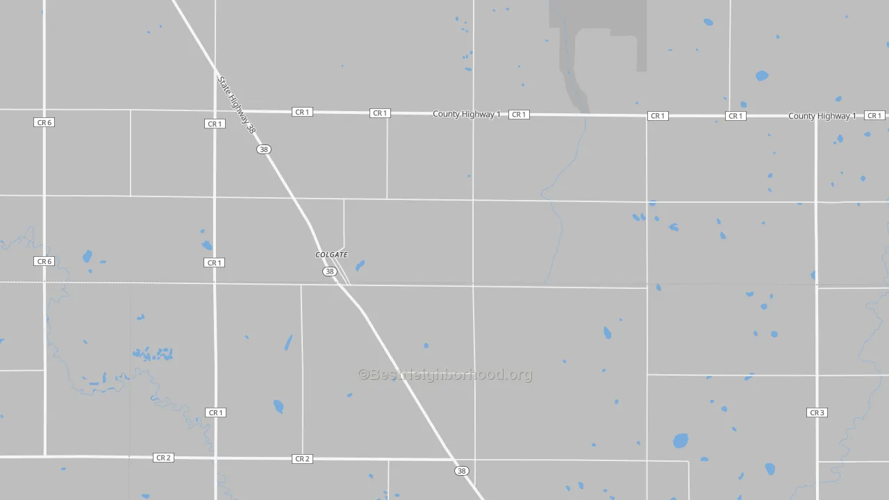 Walk Grade map of Colgate, ND, walkable areas in green and car-dependent areas in red