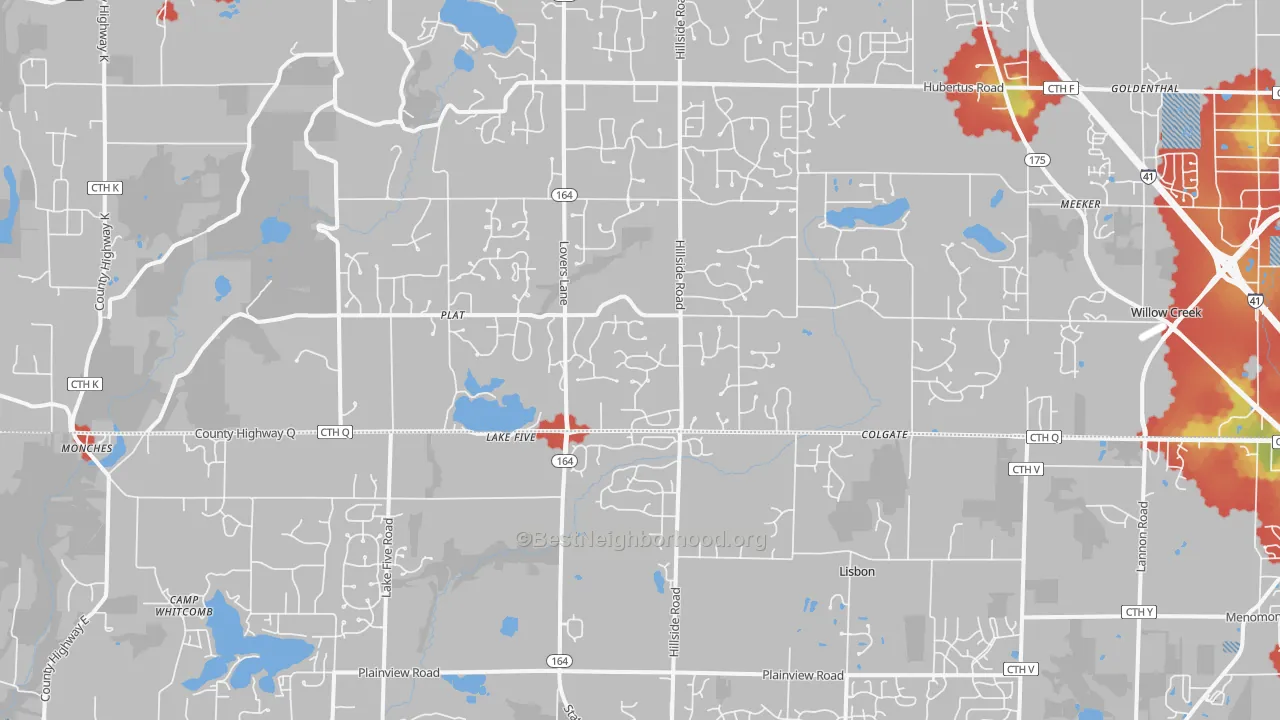 Walk Grade map of Colgate, WI, walkable areas in green and car-dependent areas in red