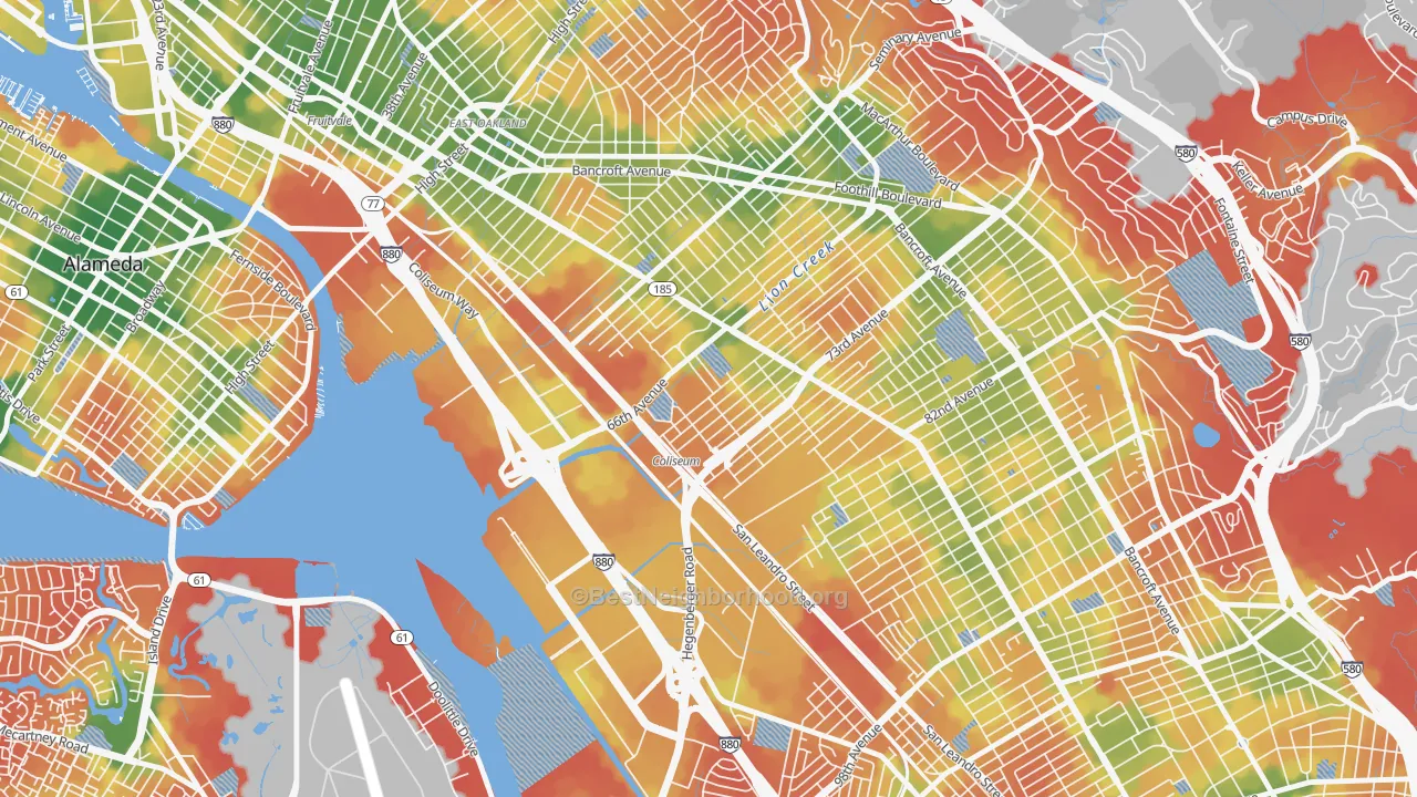Walk Grade map of Coliseum, Oakland, CA, walkable areas in green and car-dependent areas in red