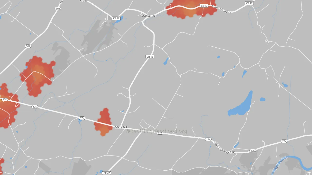 Walk Grade map of Collabar, NY, walkable areas in green and car-dependent areas in red
