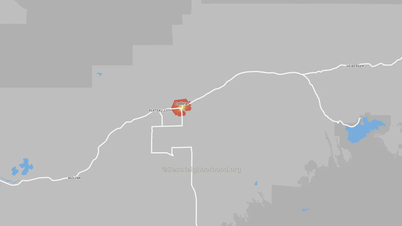 Walk Grade map of Collbran, CO, walkable areas in green and car-dependent areas in red