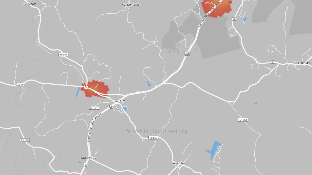 Walk Grade map of Colleen, VA, walkable areas in green and car-dependent areas in red