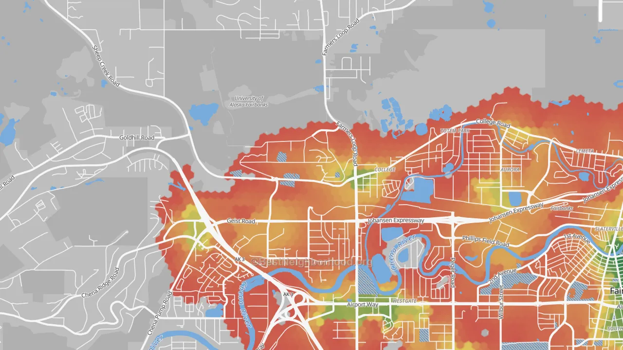 Walk Grade map of College, AK, walkable areas in green and car-dependent areas in red