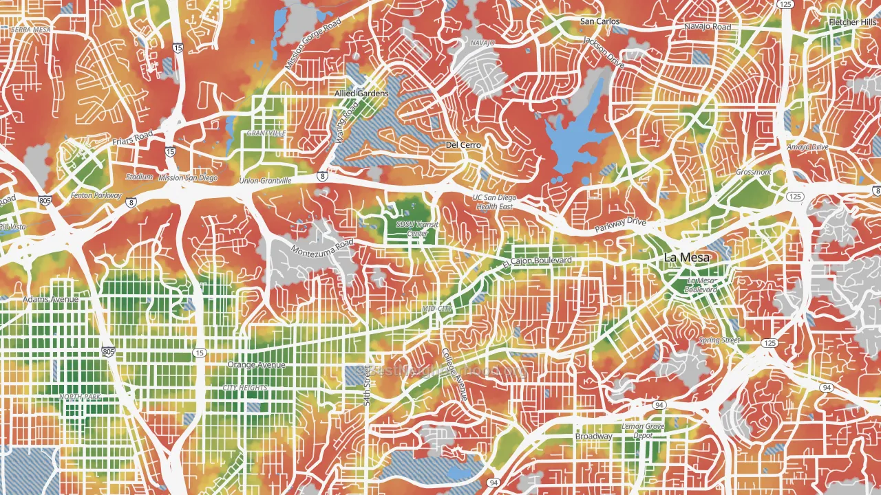 Walk Grade map of College Area, San Diego, CA, walkable areas in green and car-dependent areas in red