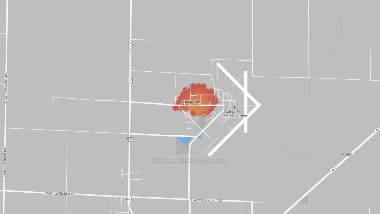 Walk Grade map of College City, AR, walkable areas in green and car-dependent areas in red