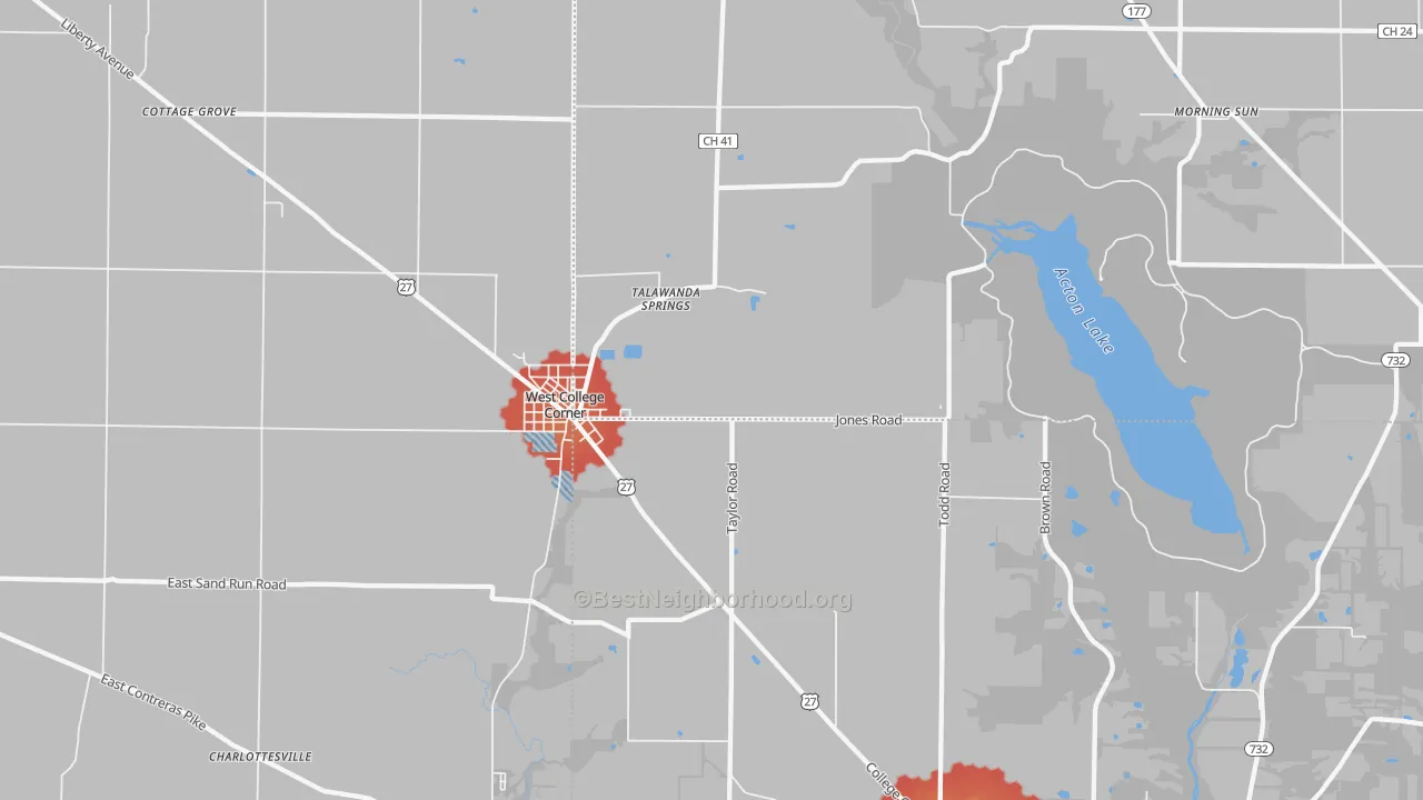 Walk Grade map of College Corner, OH, walkable areas in green and car-dependent areas in red
