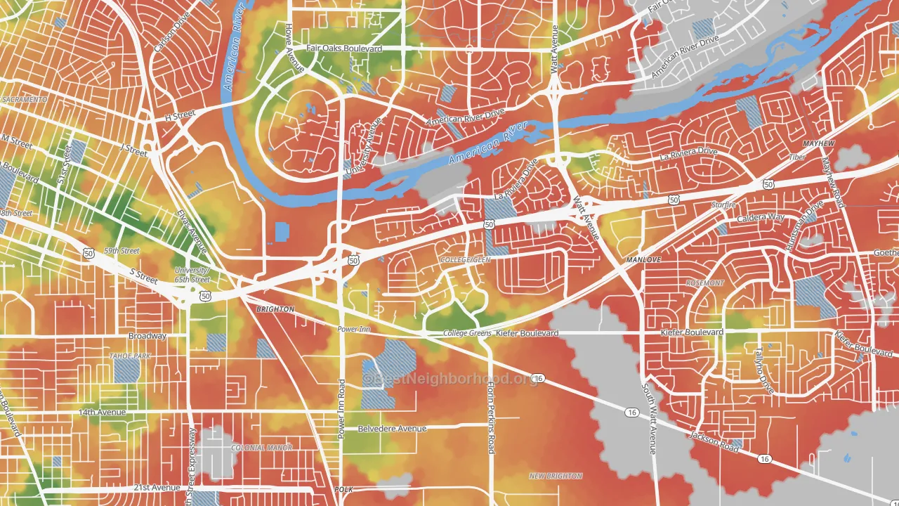Walk Grade map of College Glen, Sacramento, CA, walkable areas in green and car-dependent areas in red