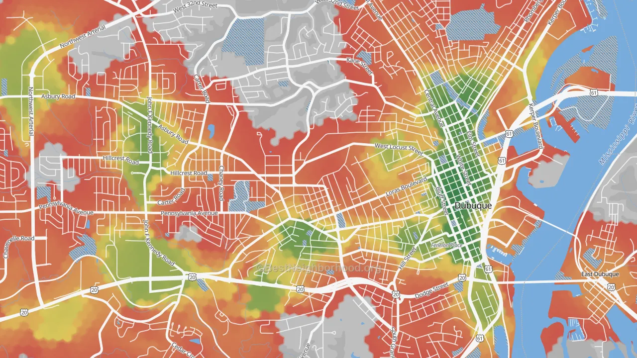 Walk Grade map of College Grandview District, Dubuque, IA, walkable areas in green and car-dependent areas in red