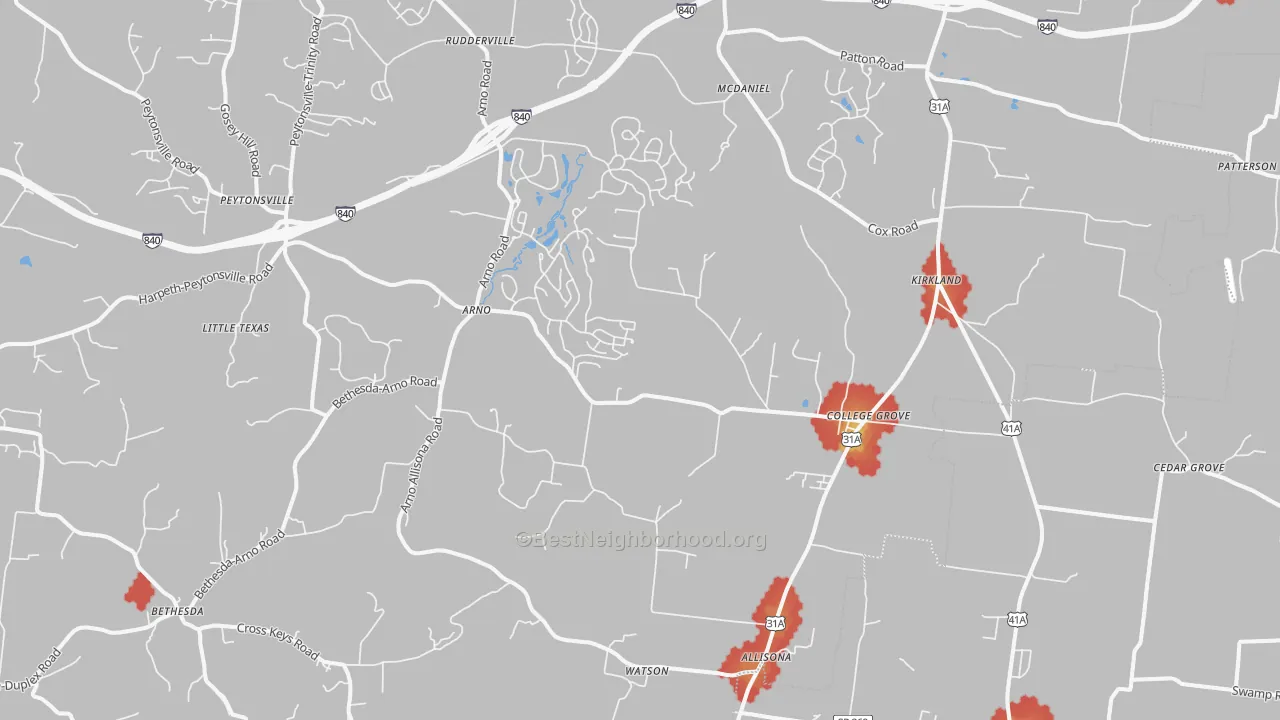 Walk Grade map of College Grove, TN, walkable areas in green and car-dependent areas in red
