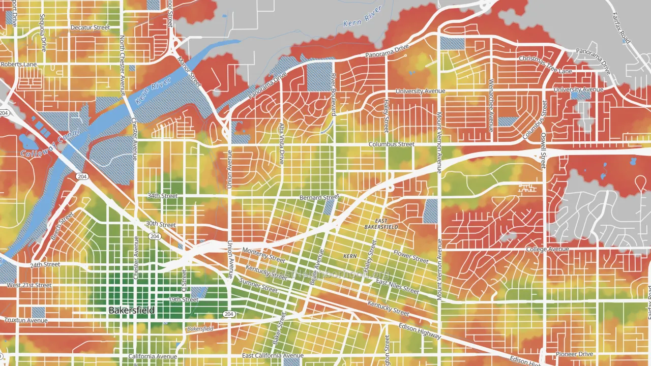 Walk Grade map of College Heights Baker Street, Bakersfield, CA, walkable areas in green and car-dependent areas in red