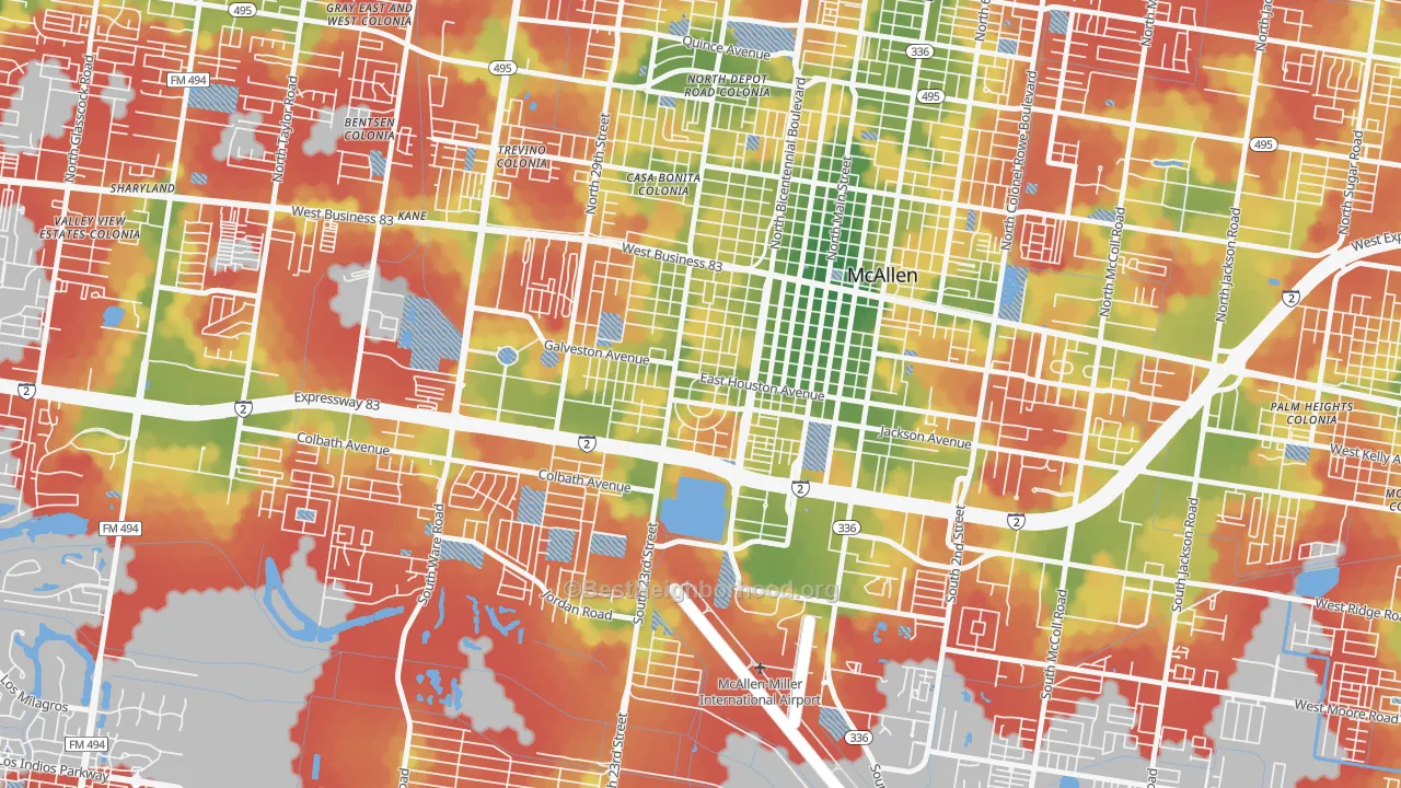 Walk Grade map of College Heights, McAllen, TX, walkable areas in green and car-dependent areas in red