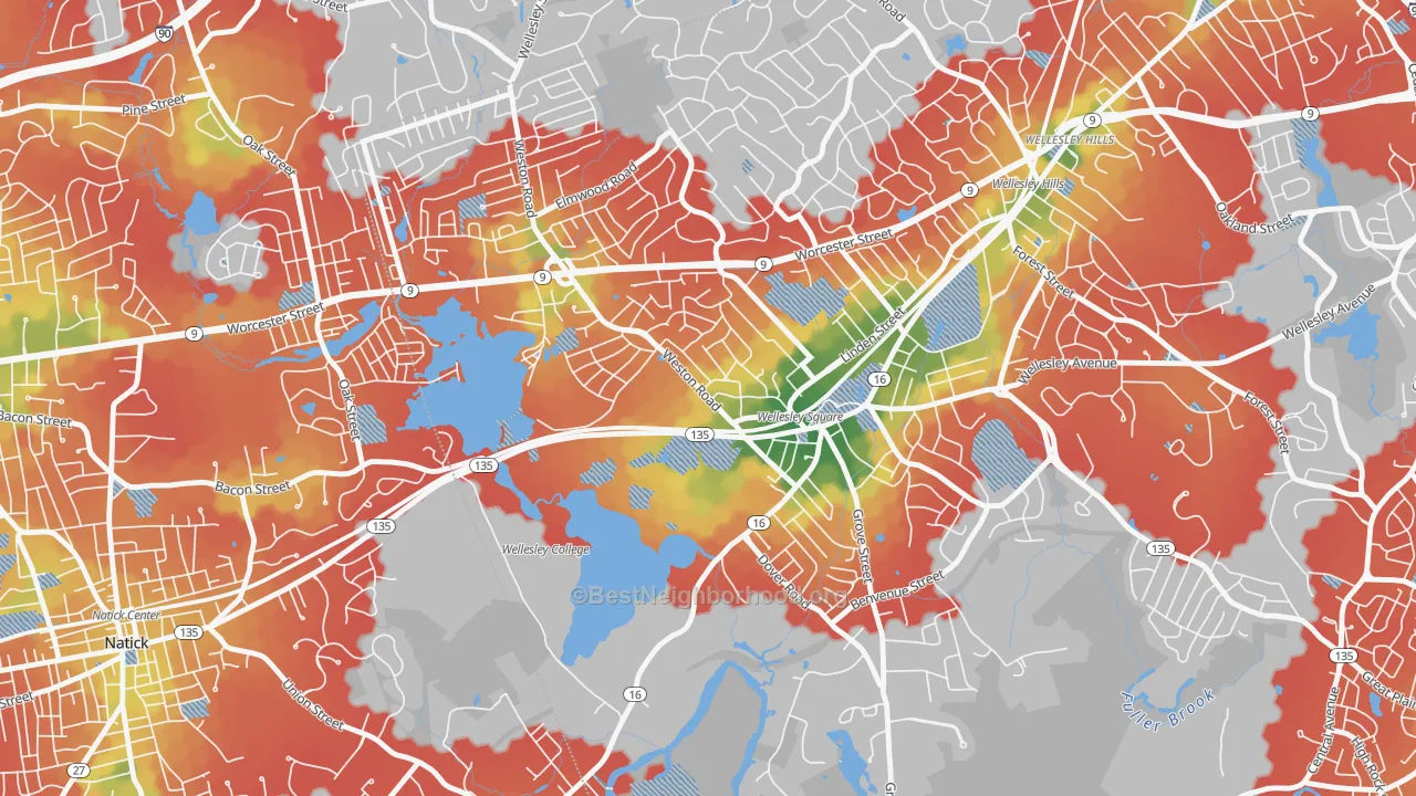 Walk Grade map of College Heights, Wellesley, MA, walkable areas in green and car-dependent areas in red