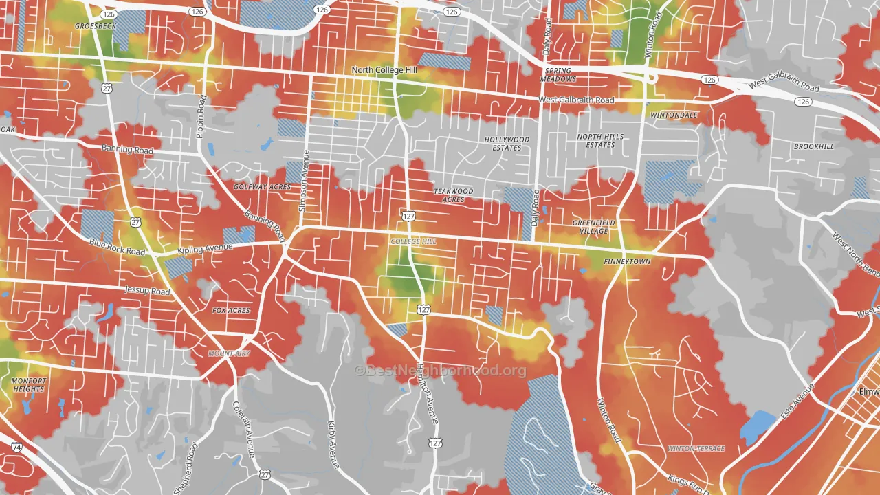 Walk Grade map of College Hill, Cincinnati, OH, walkable areas in green and car-dependent areas in red