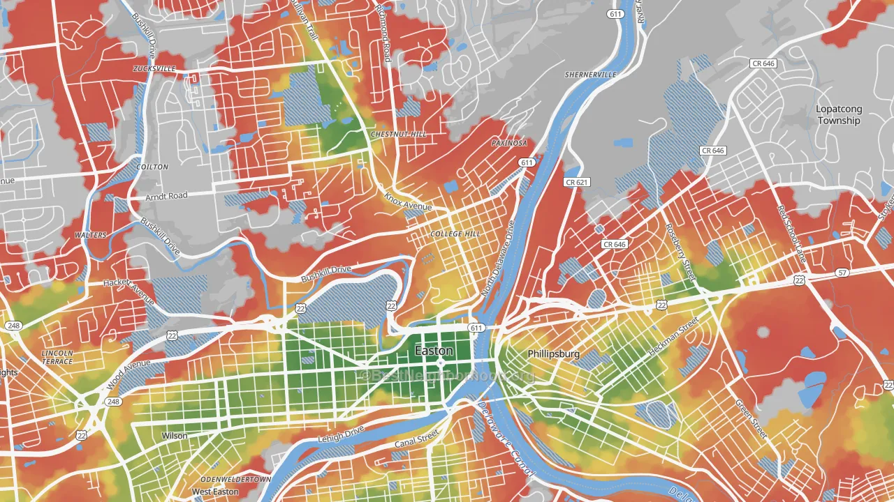 Walk Grade map of College Hill, Easton, PA, walkable areas in green and car-dependent areas in red