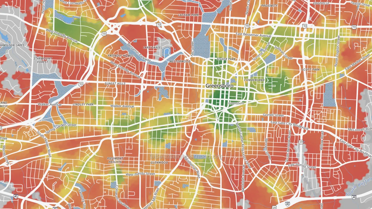 Walk Grade map of College Hill, Greensboro, NC, walkable areas in green and car-dependent areas in red
