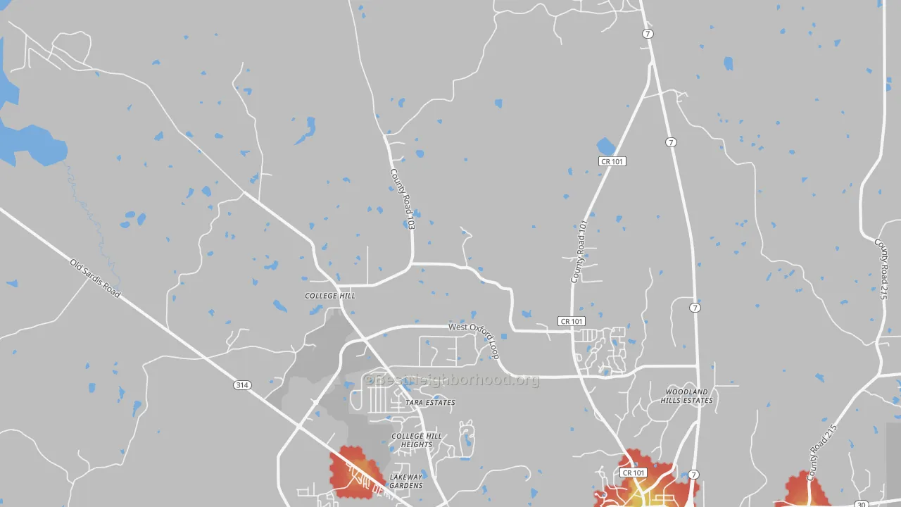 Walk Grade map of College Hill, MS, walkable areas in green and car-dependent areas in red