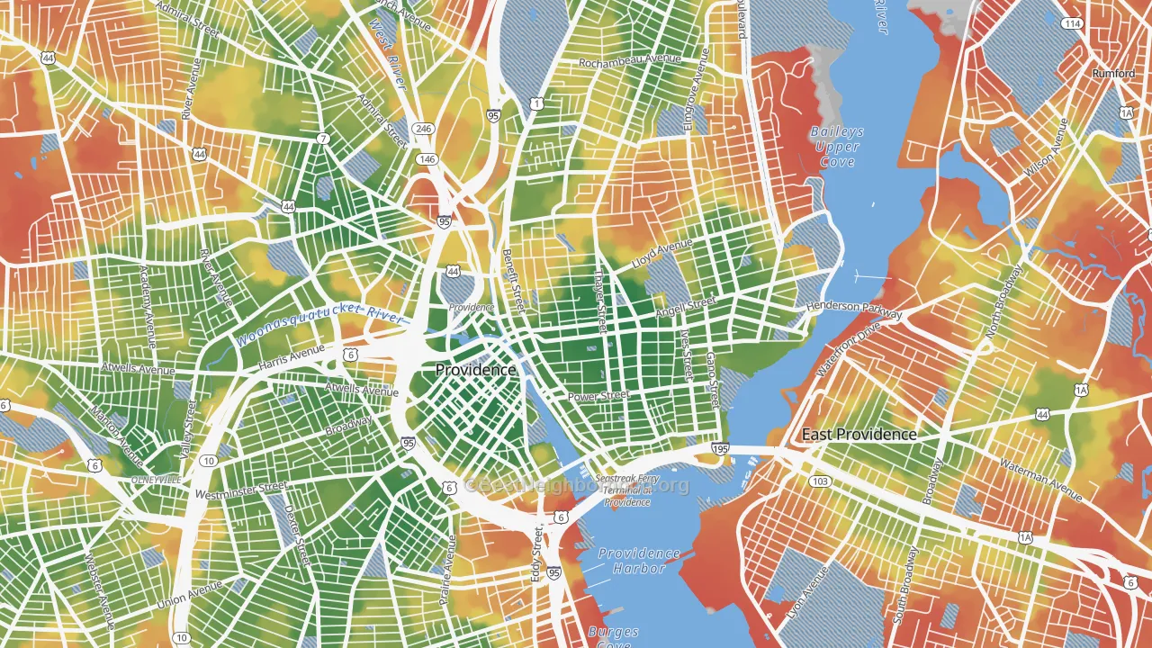 Walk Grade map of College Hill, Providence, RI, walkable areas in green and car-dependent areas in red