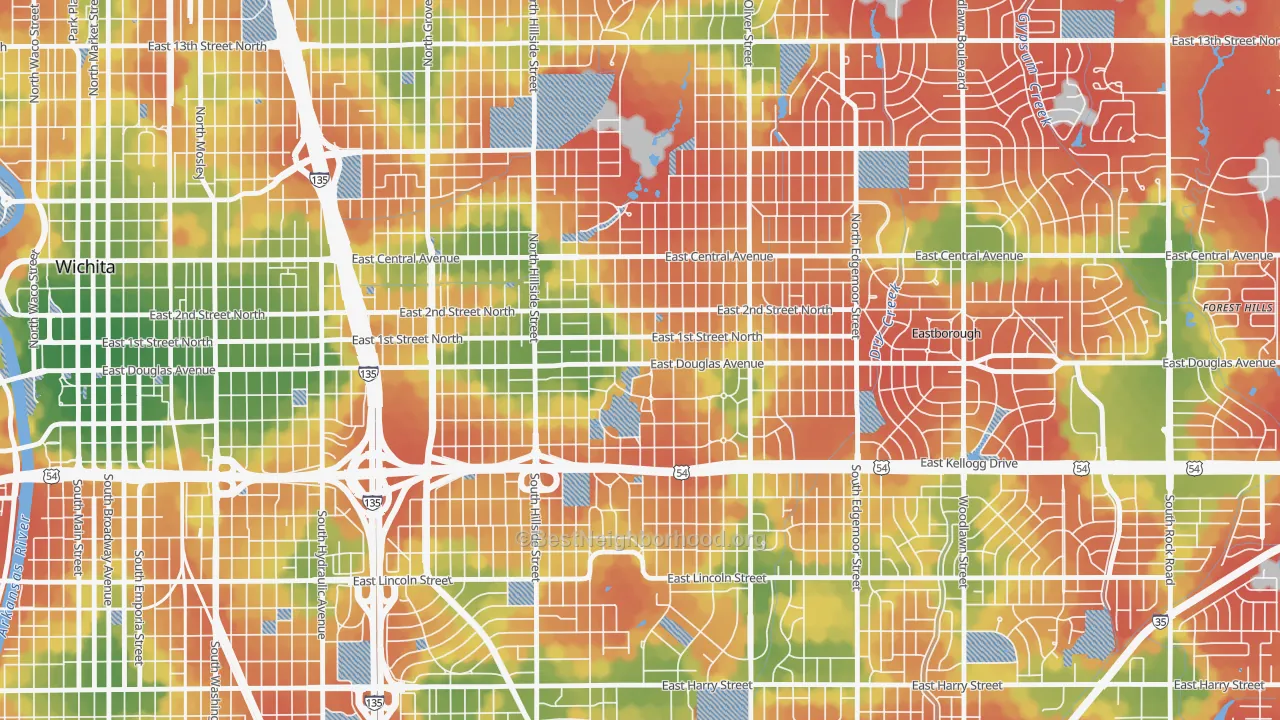 Walk Grade map of College Hill, Wichita, KS, walkable areas in green and car-dependent areas in red