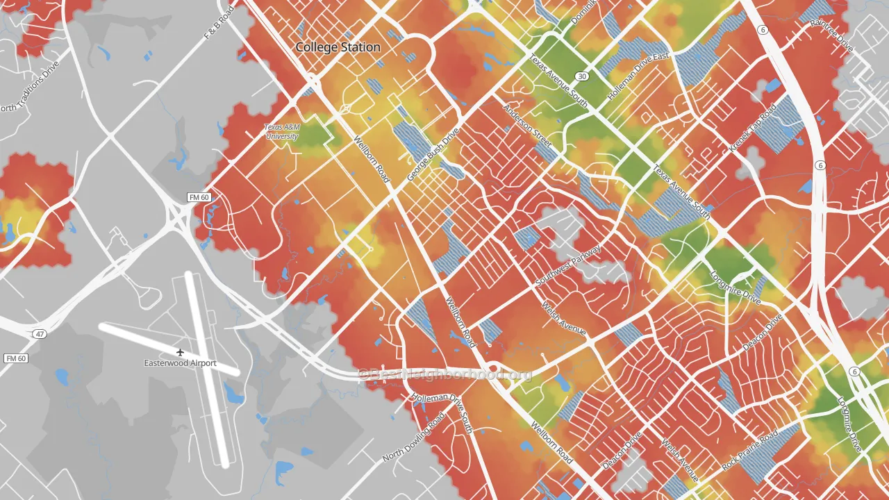 Walk Grade map of College Park, College Station, TX, walkable areas in green and car-dependent areas in red