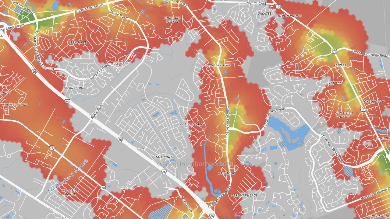 Walk Grade map of College Park, Ladson, SC, walkable areas in green and car-dependent areas in red