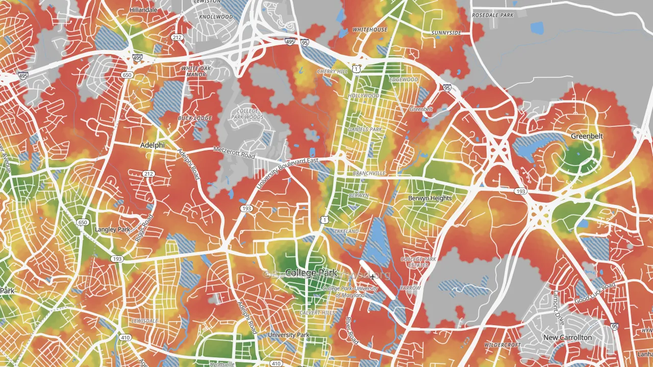Walk Grade map of College Park, MD, walkable areas in green and car-dependent areas in red