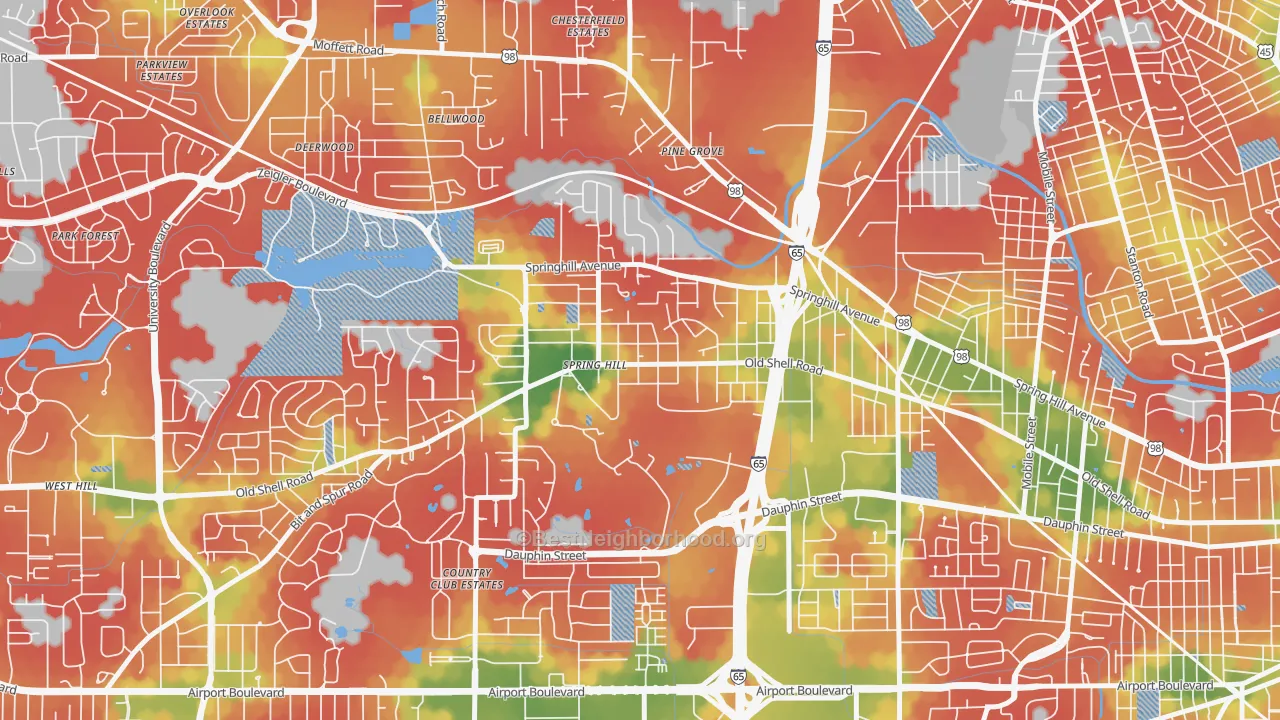 Walk Grade map of College Park, Mobile, AL, walkable areas in green and car-dependent areas in red