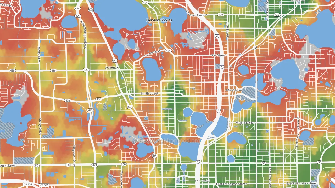 Walk Grade map of College Park, Orlando, FL, walkable areas in green and car-dependent areas in red