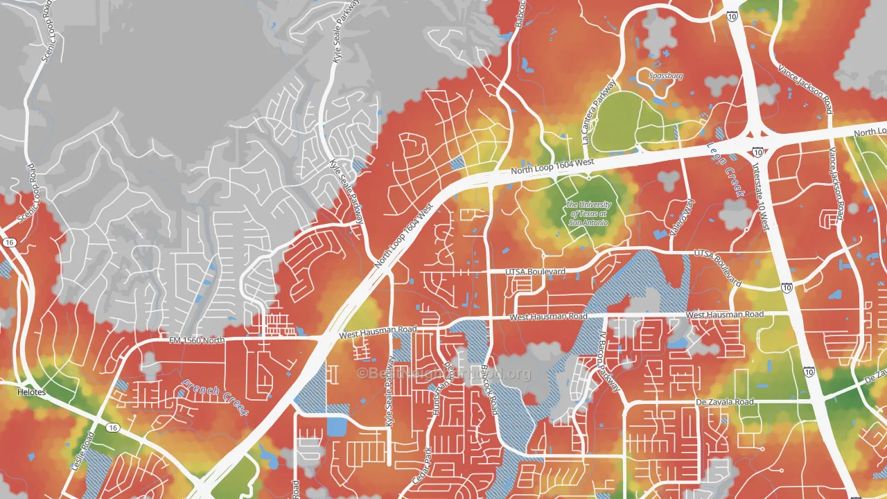 Walk Grade map of College Park San Antonio, San Antonio, TX, walkable areas in green and car-dependent areas in red
