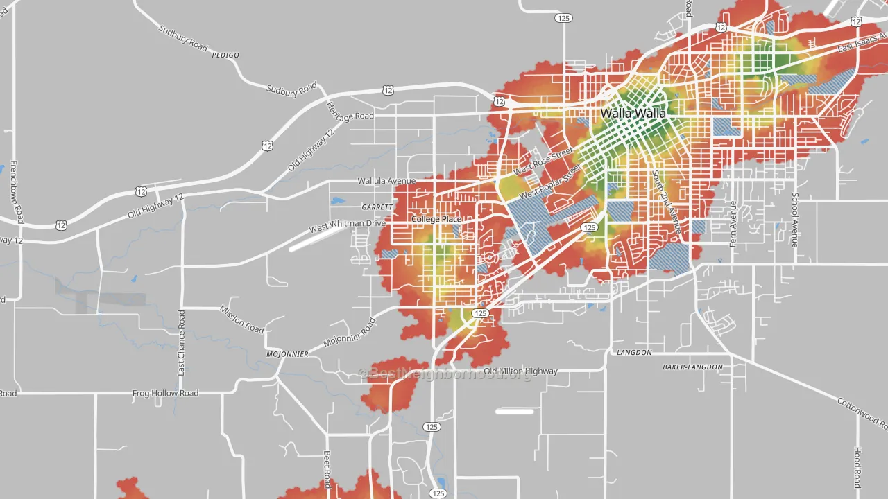 Walk Grade map of College Place, WA, walkable areas in green and car-dependent areas in red