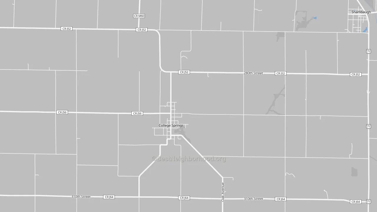 Walk Grade map of College Springs, IA, walkable areas in green and car-dependent areas in red