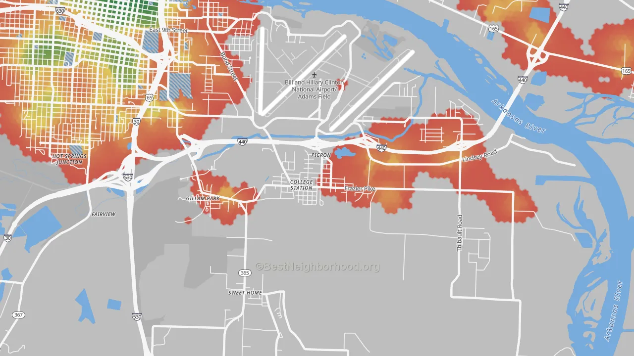 Walk Grade map of College Station, AR, walkable areas in green and car-dependent areas in red