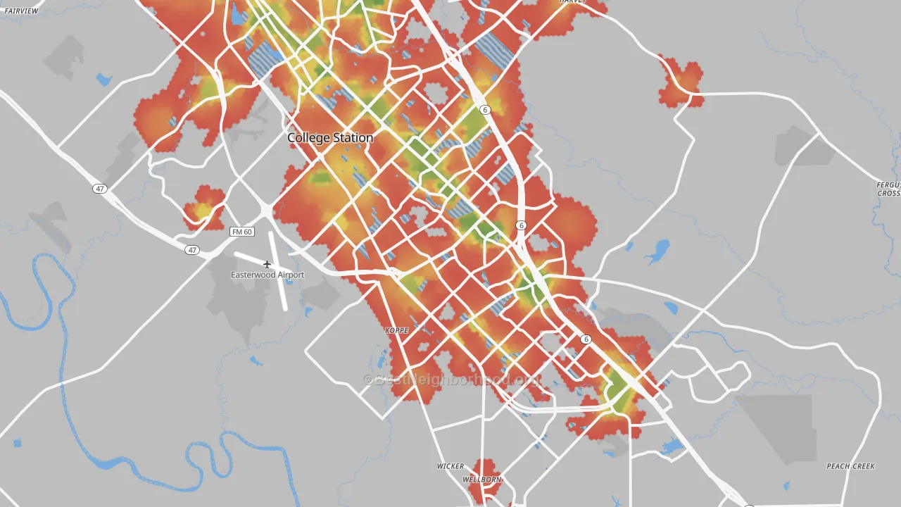 Walk Grade map of College Station, TX, walkable areas in green and car-dependent areas in red