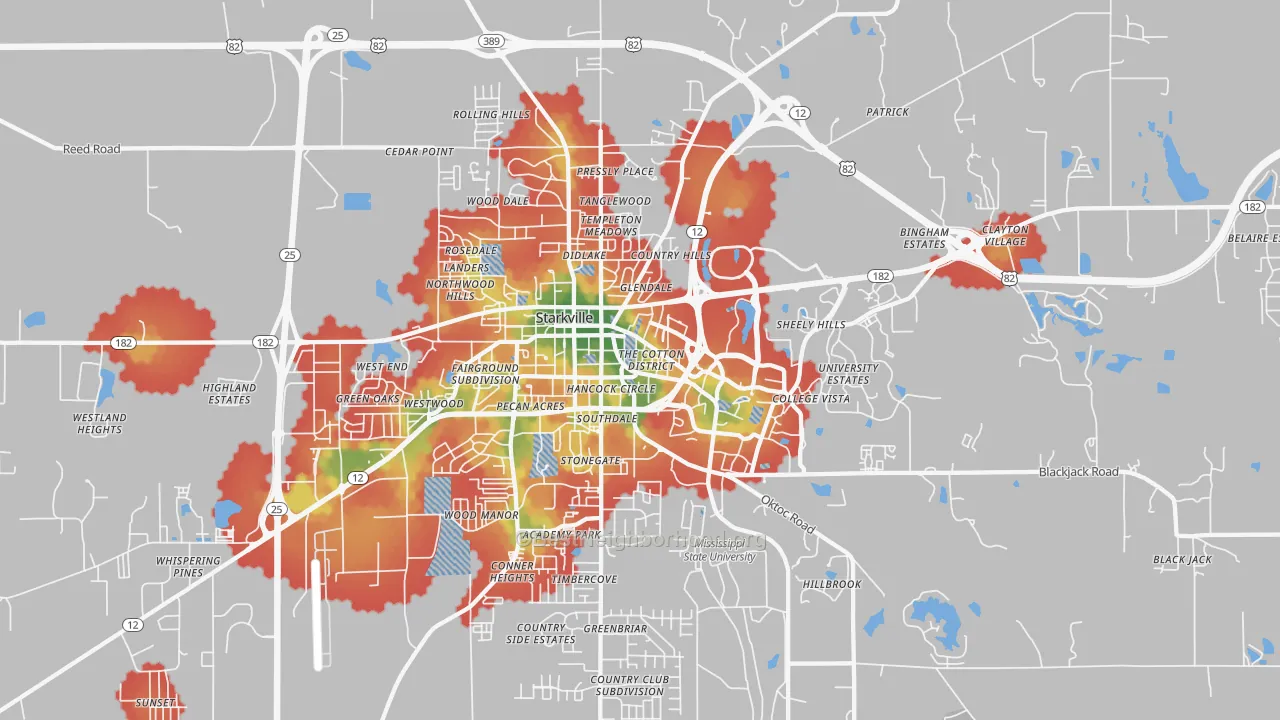 Walk Grade map of College View, Starkville, MS, walkable areas in green and car-dependent areas in red