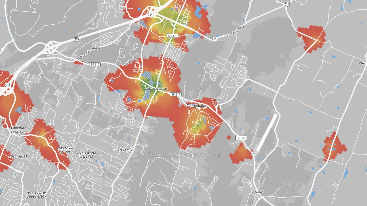 Walk Grade map of Collegedale, TN, walkable areas in green and car-dependent areas in red