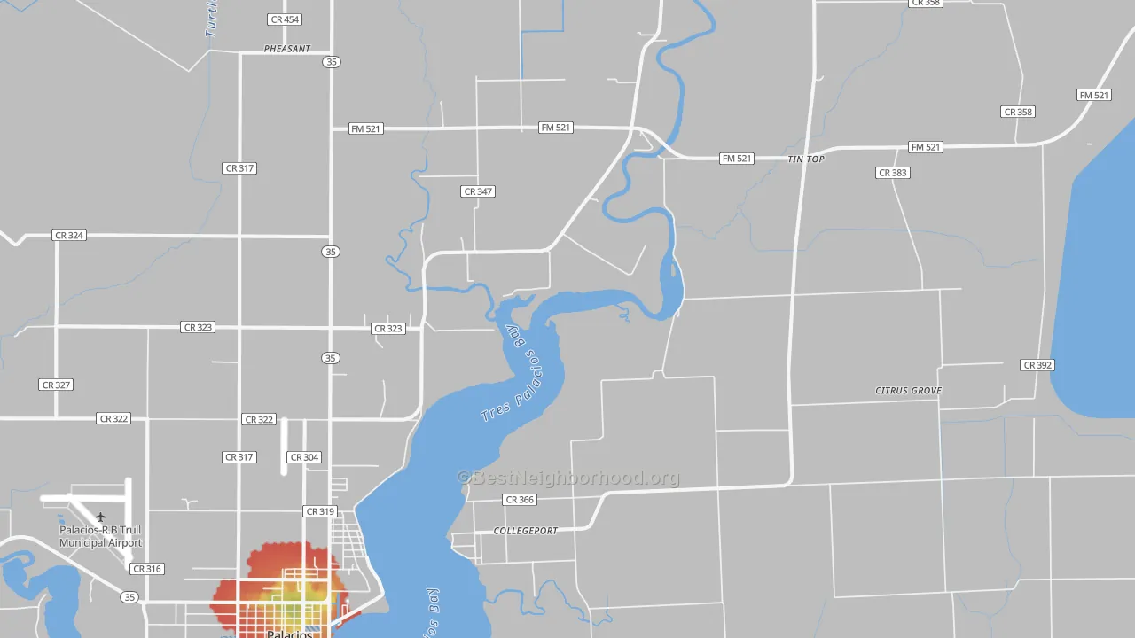 Walk Grade map of Collegeport, TX, walkable areas in green and car-dependent areas in red