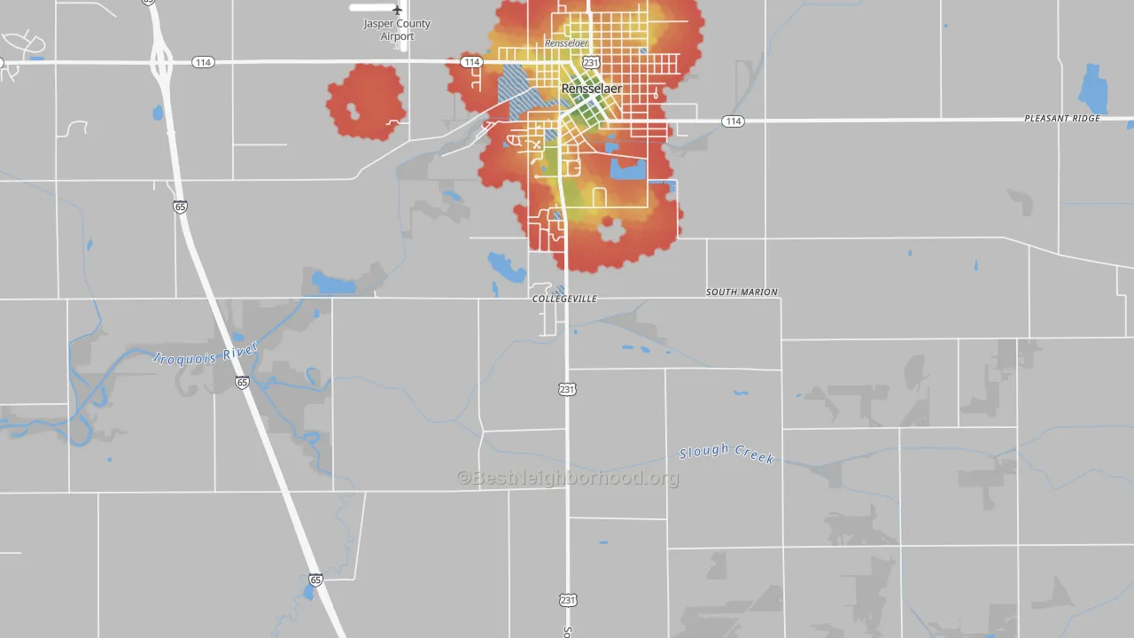 Walk Grade map of Collegeville, IN, walkable areas in green and car-dependent areas in red