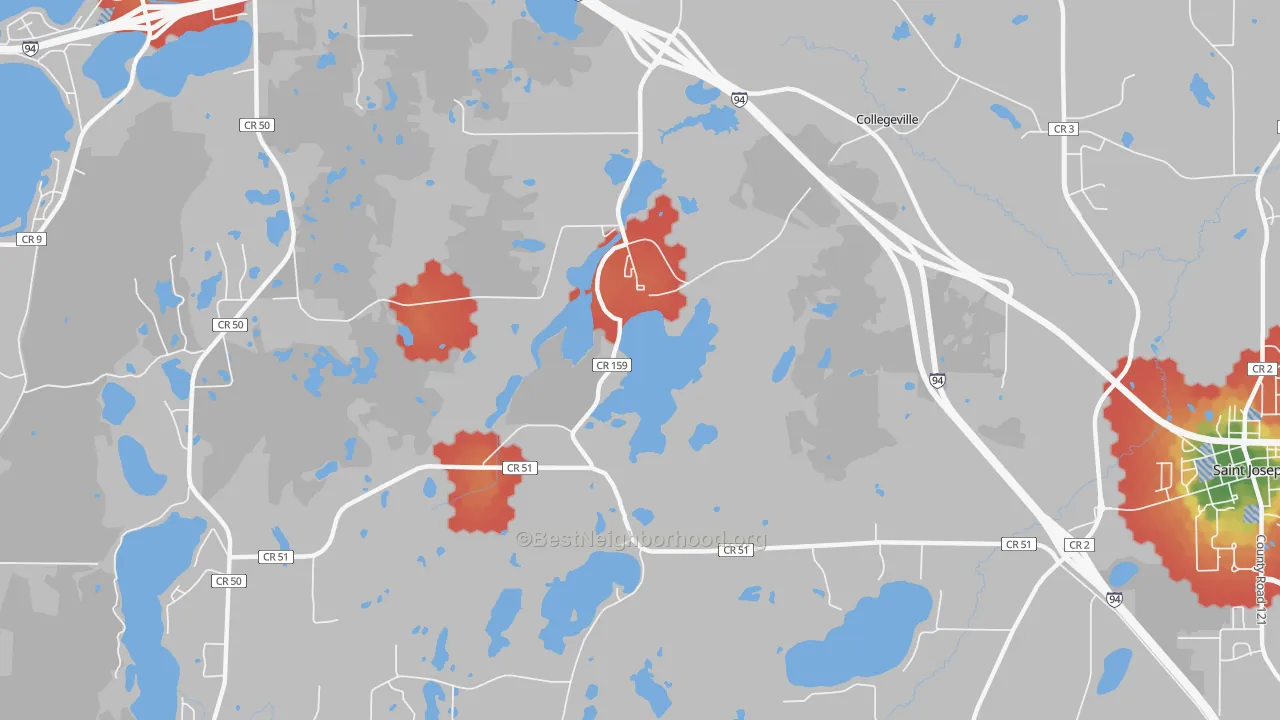Walk Grade map of Collegeville, MN, walkable areas in green and car-dependent areas in red