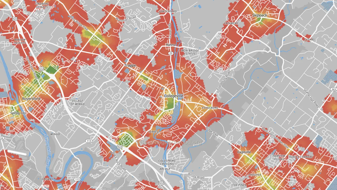 Walk Grade map of Collegeville, PA, walkable areas in green and car-dependent areas in red