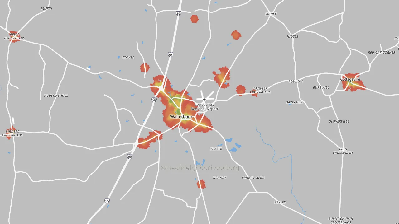 Walk Grade map of Colleton County, SC, walkable areas in green and car-dependent areas in red