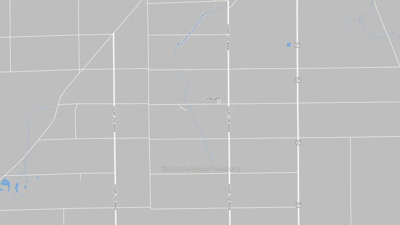 Walk Grade map of Collett, IN, walkable areas in green and car-dependent areas in red