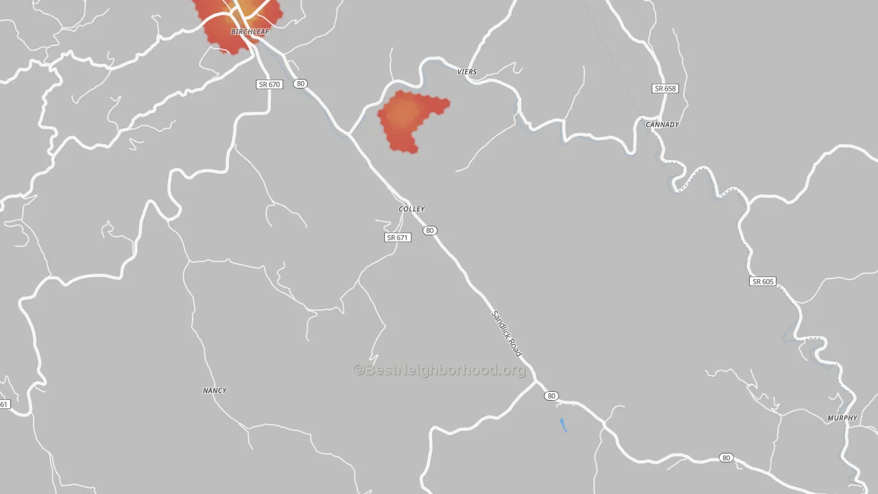 Walk Grade map of Colley, VA, walkable areas in green and car-dependent areas in red