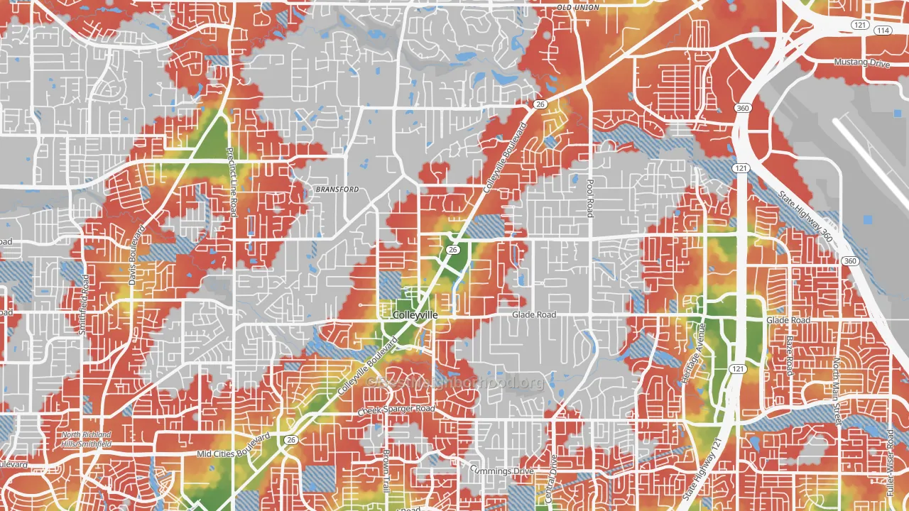 Walk Grade map of Colleyville, TX, walkable areas in green and car-dependent areas in red
