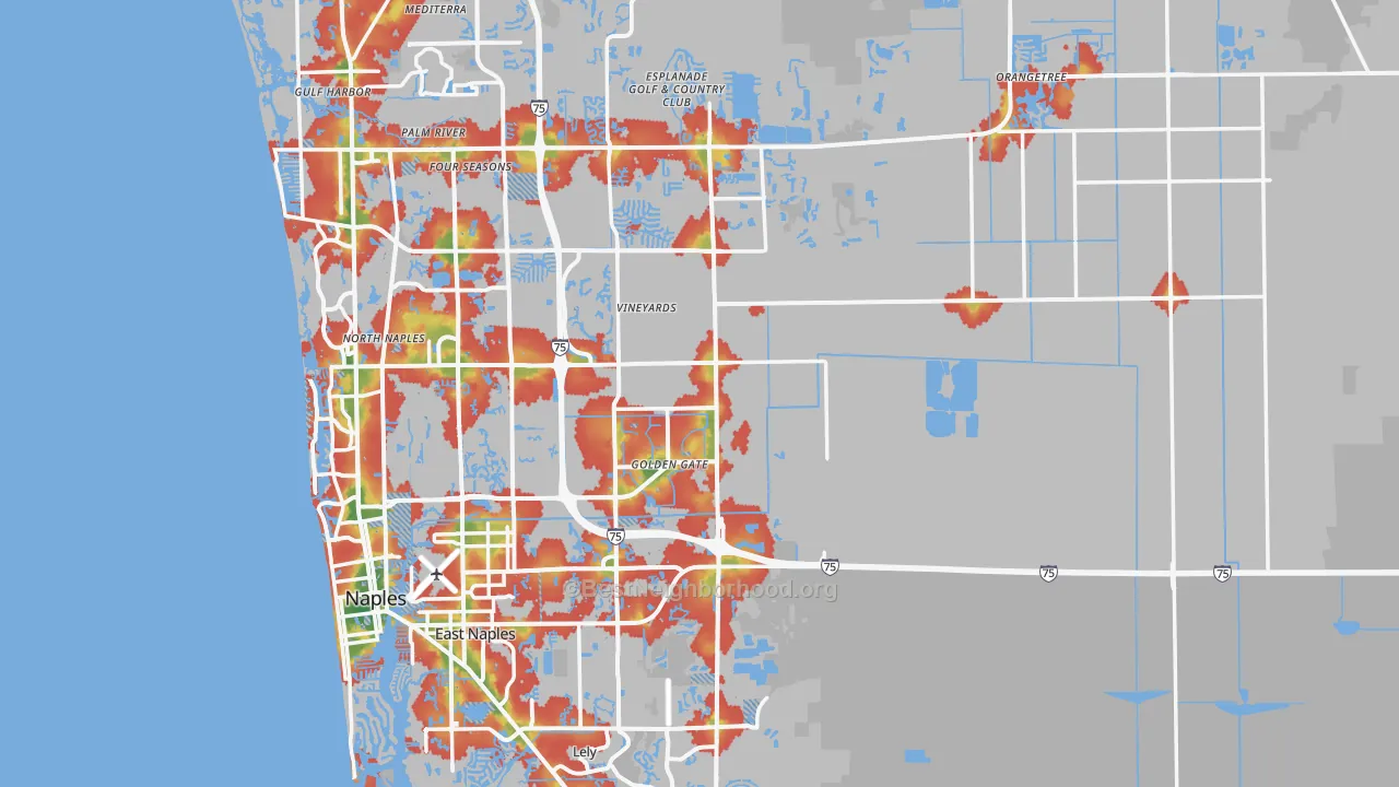 Walk Grade map of Collier County, FL, walkable areas in green and car-dependent areas in red