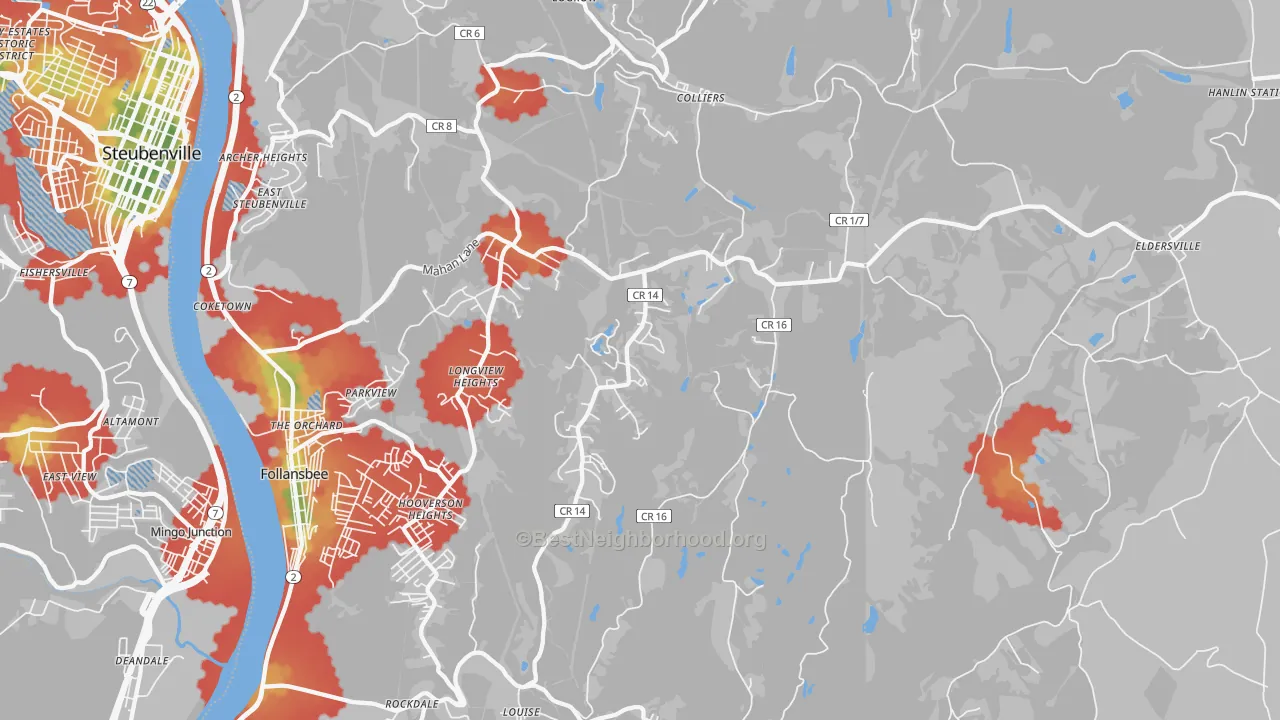 Walk Grade map of Colliers, WV, walkable areas in green and car-dependent areas in red