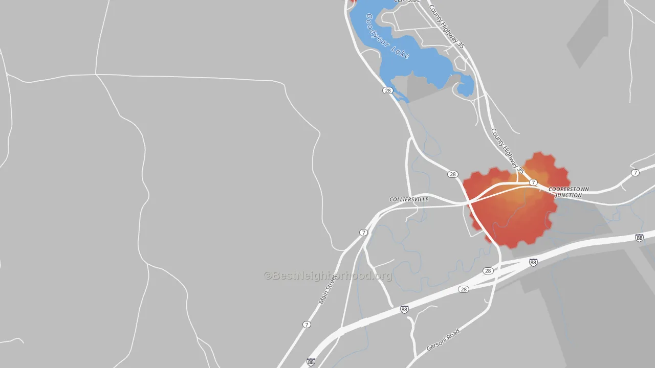 Walk Grade map of Colliersville, NY, walkable areas in green and car-dependent areas in red