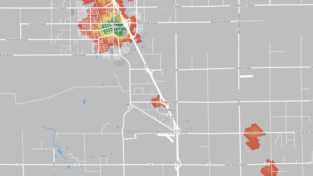 Walk Grade map of Collierville, CA, walkable areas in green and car-dependent areas in red
